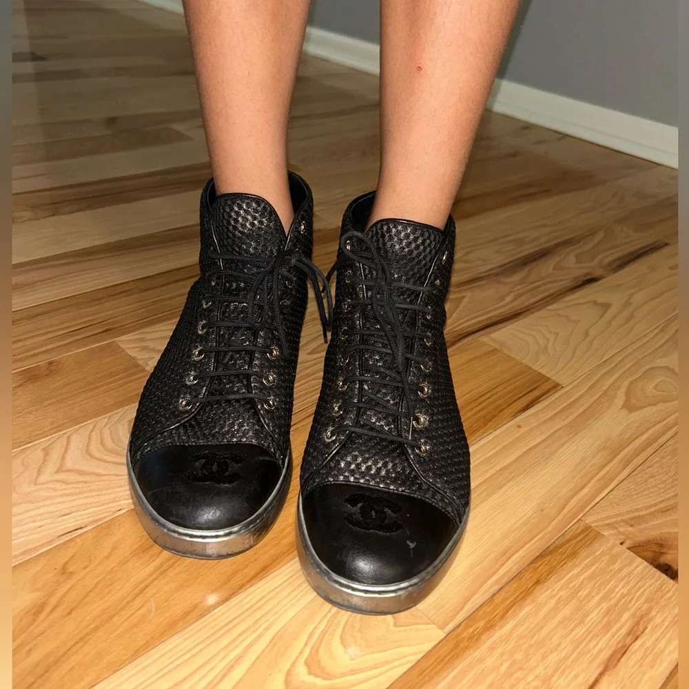 CHANEL Black Woven High-Top Sneakers with Metallic Sole
